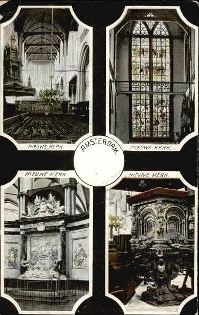 4 afbeeldingen van interieur van de Nieuwe Kerk