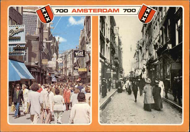 Amsterdam Holland, plaatje links: Kalverstraat anno 1975 en plaatje rechts: Kalverstraat anno  1908